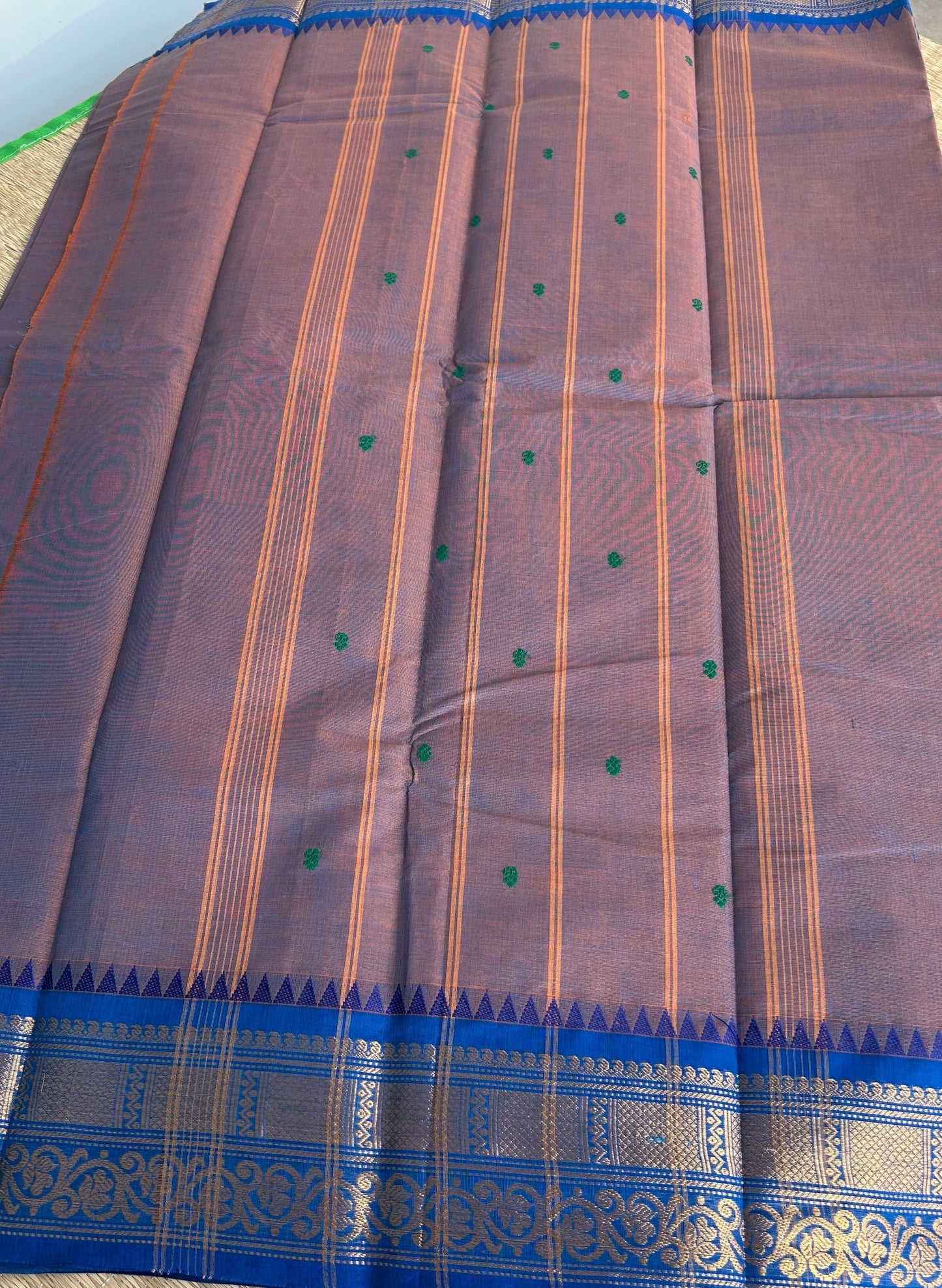 Kanchi Silk Cotton Saree - Copper Brown with Royal Blue Border - Pallu Detail