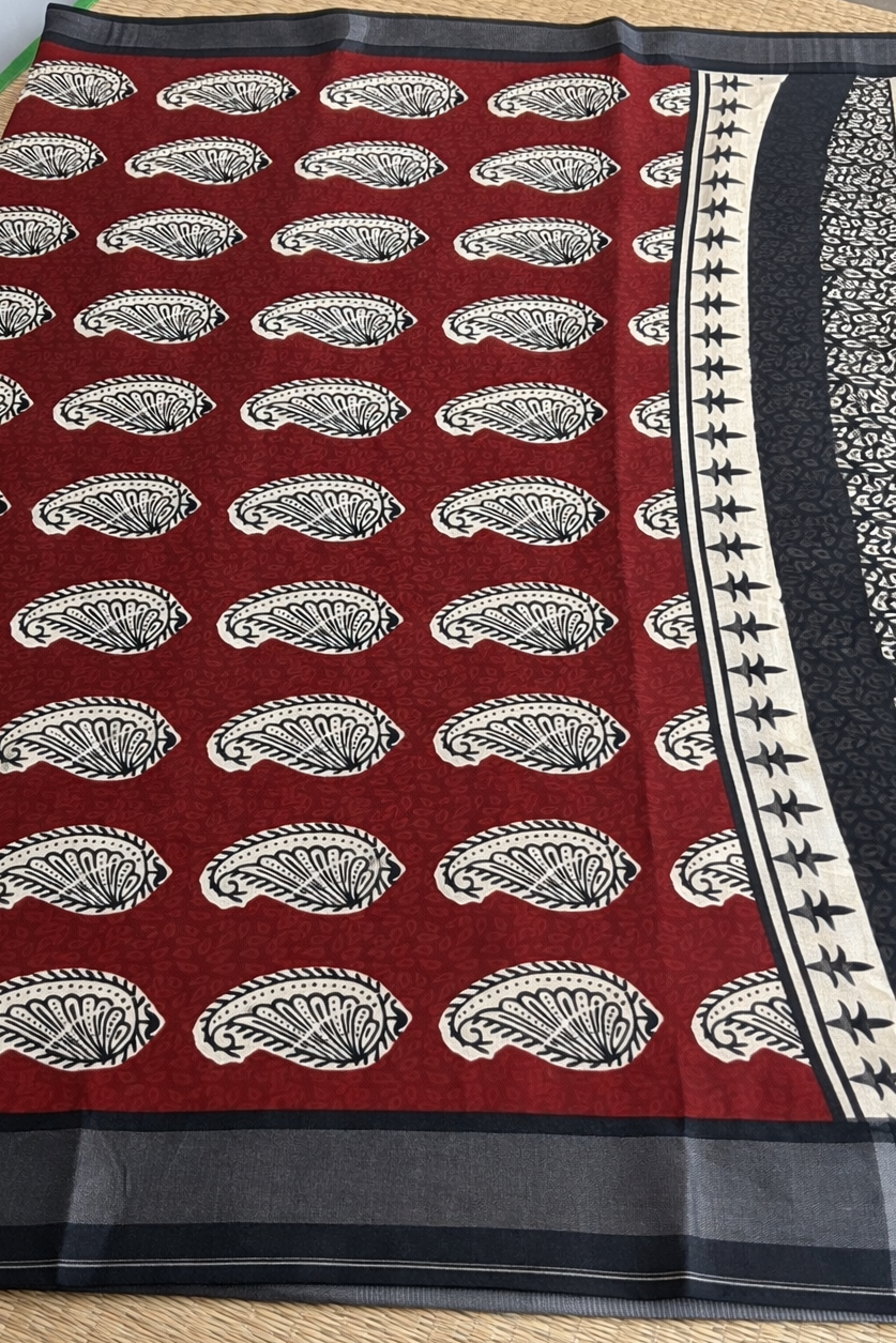 Cotton Linen Block Print Saree - Cream with Red