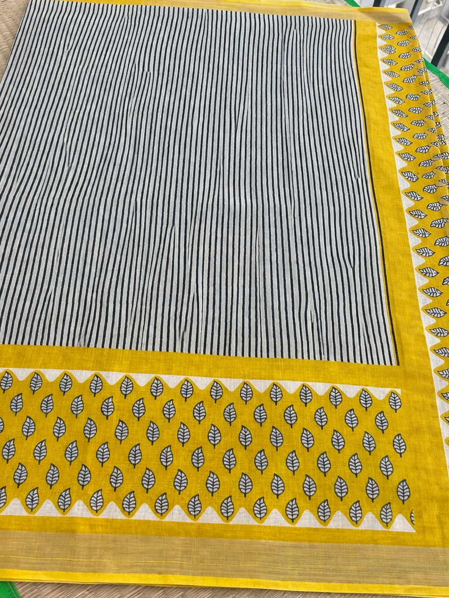 Cotton Linen Block Print Saree - White with Yellow and Black
