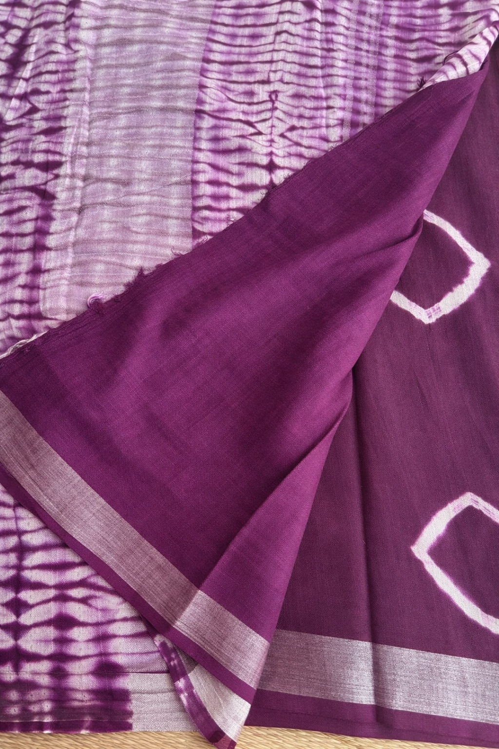 Cotton Linen Block Print Saree - Purple with White - Blouse Piece