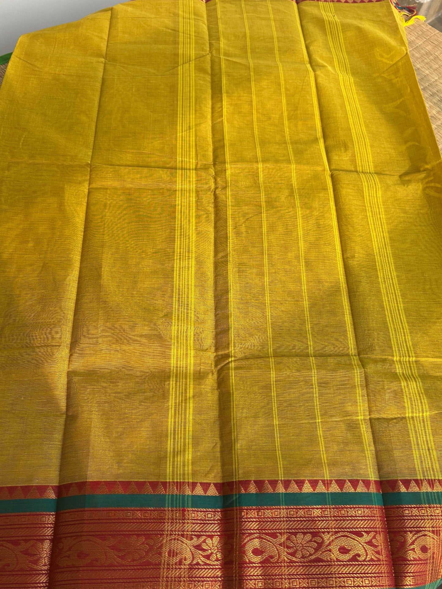 Kanchi Silk Cotton Saree - Mustard Yellow with Teal & Red Border - Alternate View