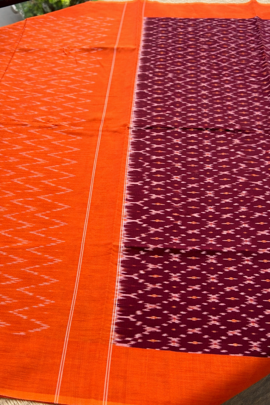 Pochampally Ikat Saree - Wine Maroon with Orange Border