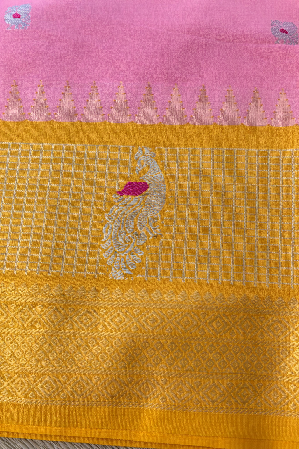Semi Gadwal Silk Saree - Pink with Gold Border - Peacock Motif Close-up