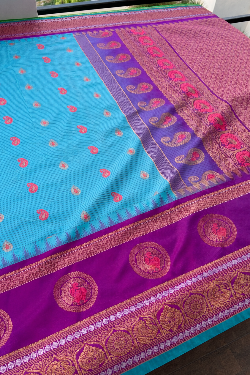 Gadwal Semi Silk Saree - Sky Blue with Purple Border