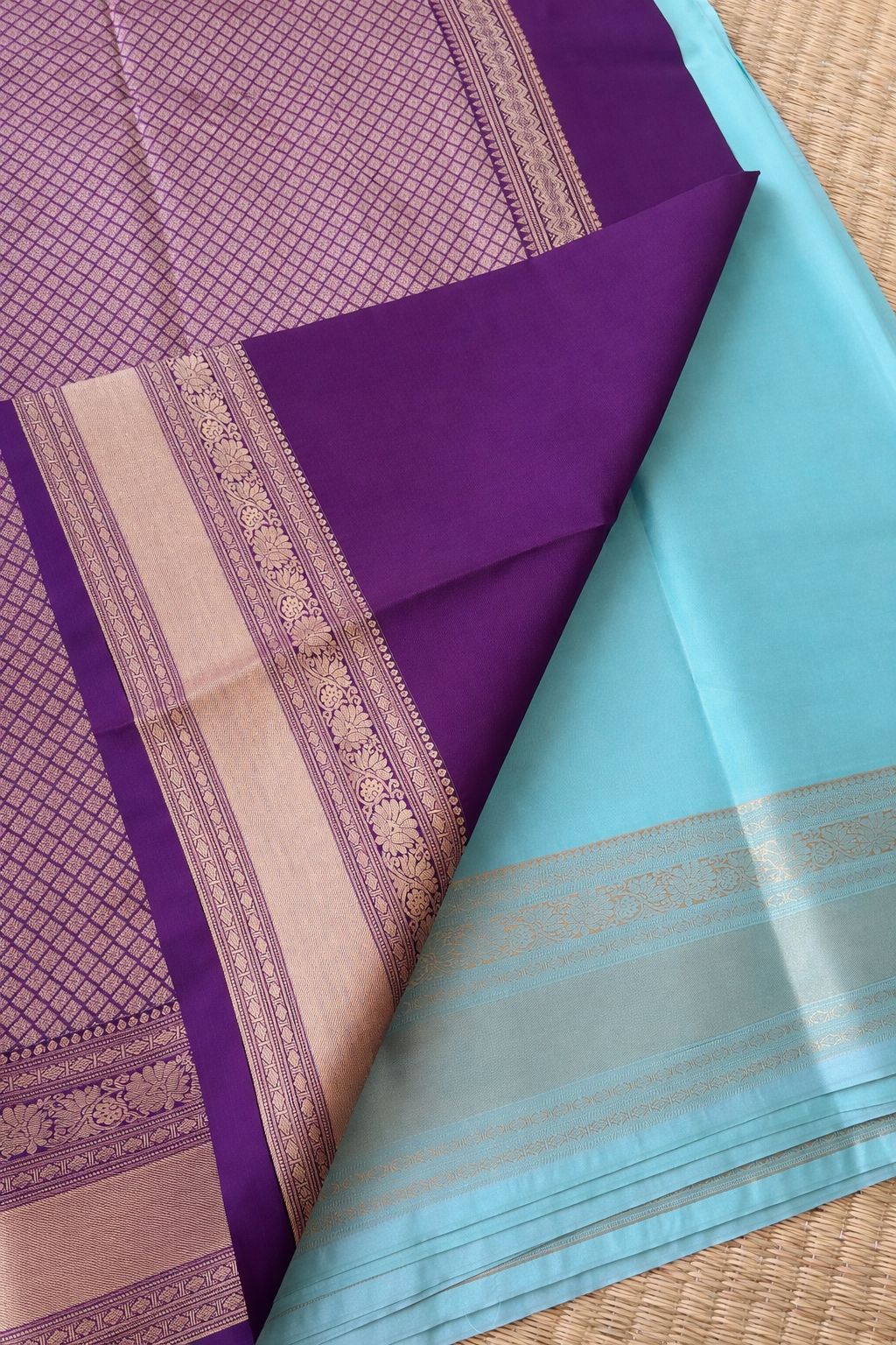 Semi Kanchi Soft Silk Saree - Sky Blue Self with Purple Pallu - Blouse Piece