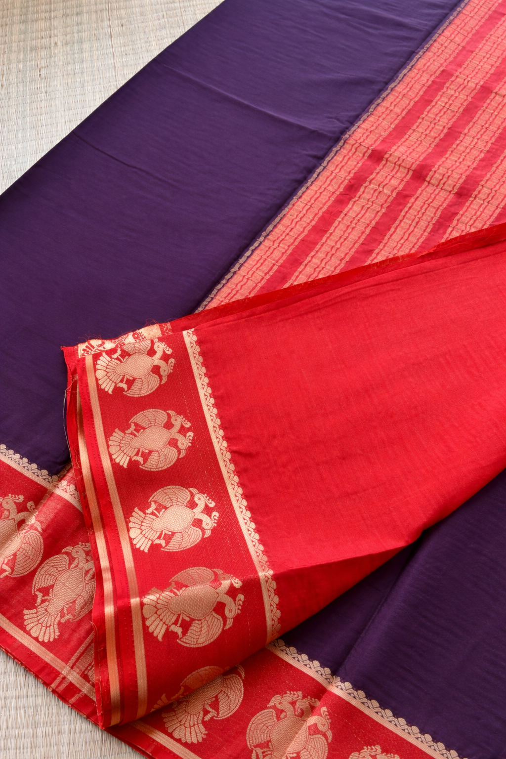 Semi Mysore Silk Saree - Plum with Crimson Red Border - Blouse Piece
