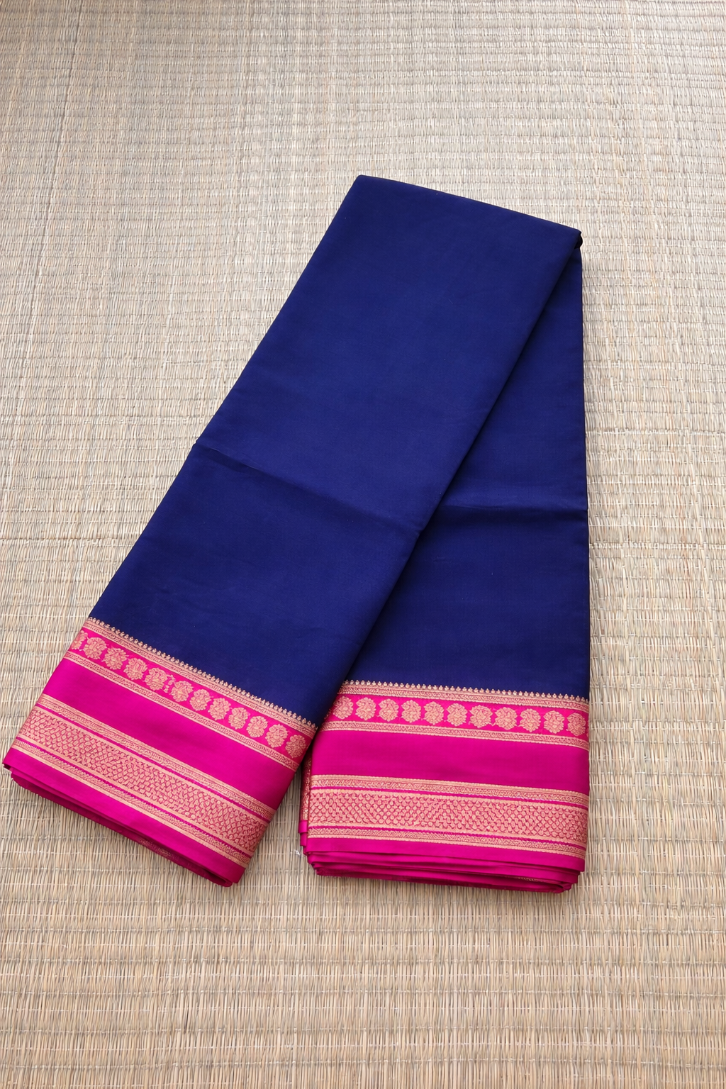 Semi Mysore Silk Saree - Blue with Pink Border - Full Look