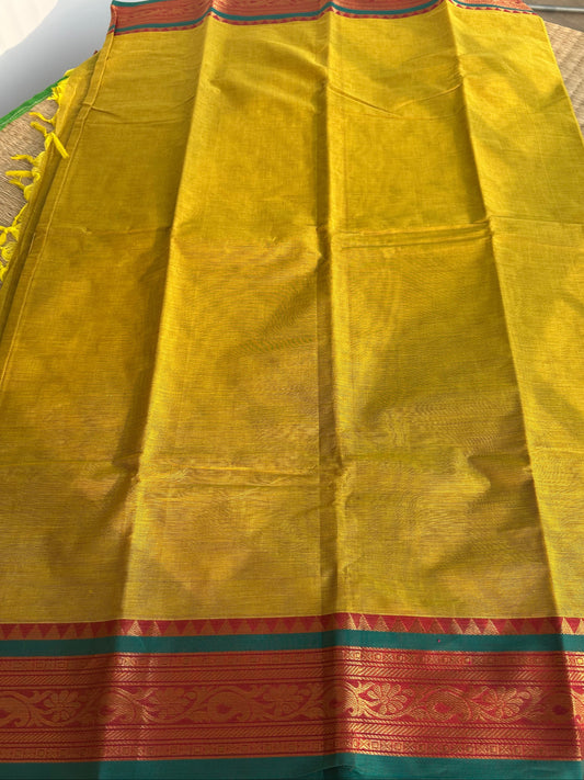 Kanchi Silk Cotton Saree - Mustard Yellow with Teal & Red Border - Full Look