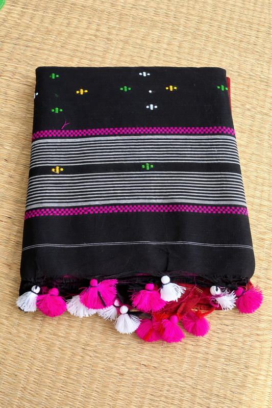 Bengal Soft Cotton Handloom Saree - Black with Pink Border - Full Look
