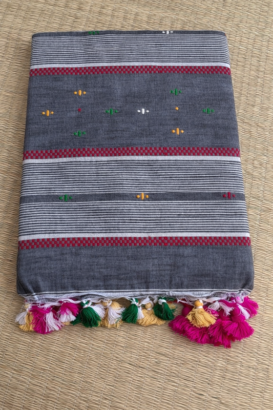 Bengal Soft Cotton Handloom Saree - Grey with Red Border - Full Look