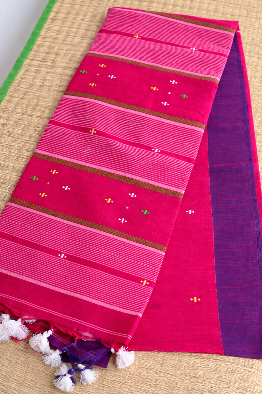 Bengal Soft Cotton Handloom Saree - Rani Pink with Purple Border - Body Detail