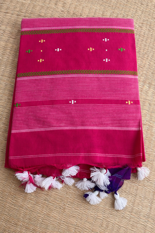Bengal Soft Cotton Handloom Saree - Rani Pink with Purple Border - Full Look