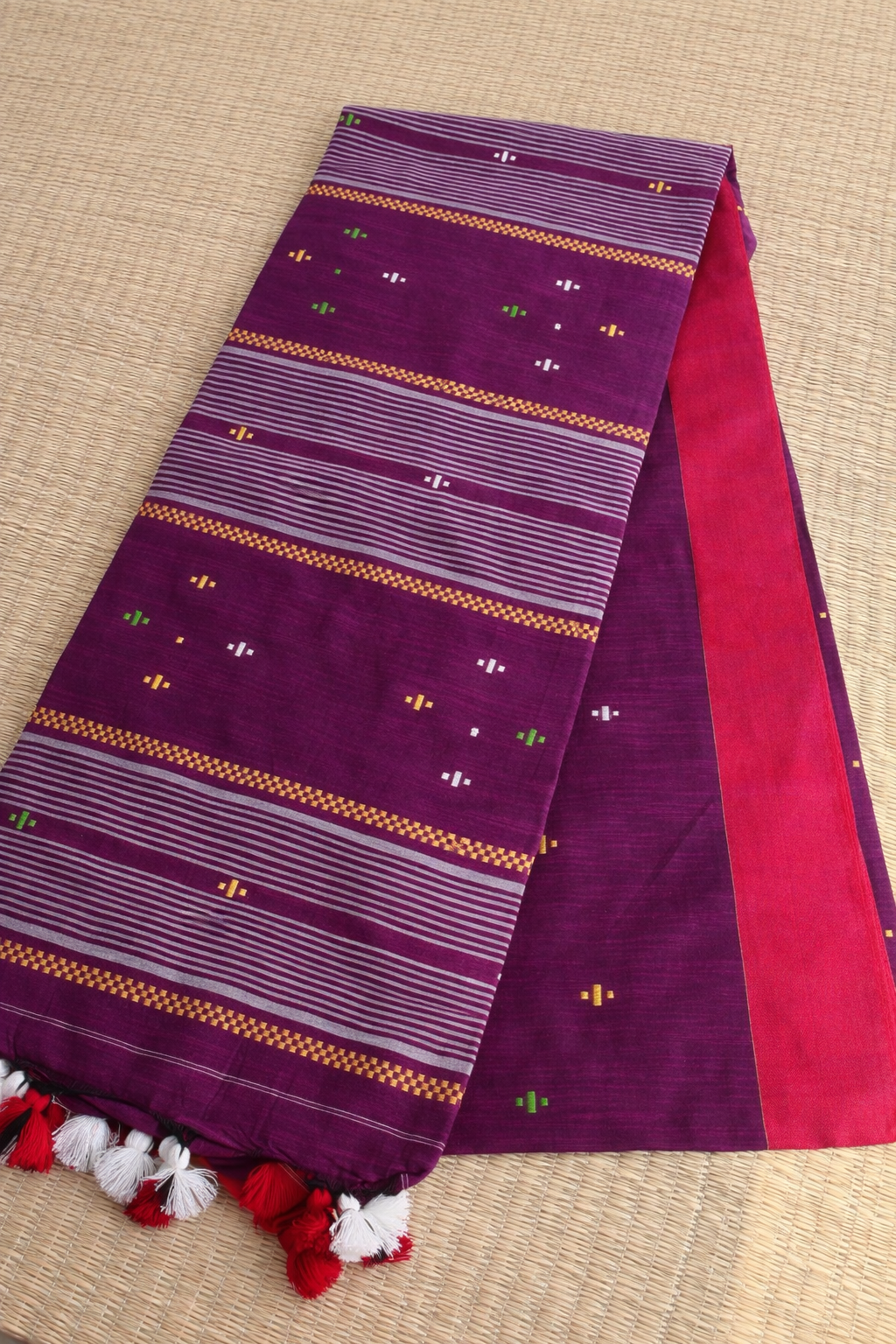 Bengal Soft Cotton Handloom Saree - Violet with Red Border - Body Detail