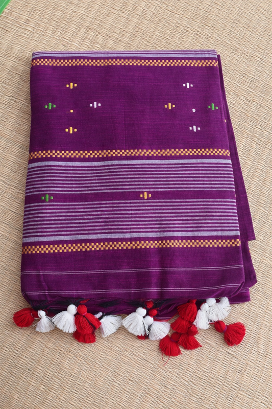Bengal Soft Cotton Handloom Saree - Violet with Red Border - Full Look