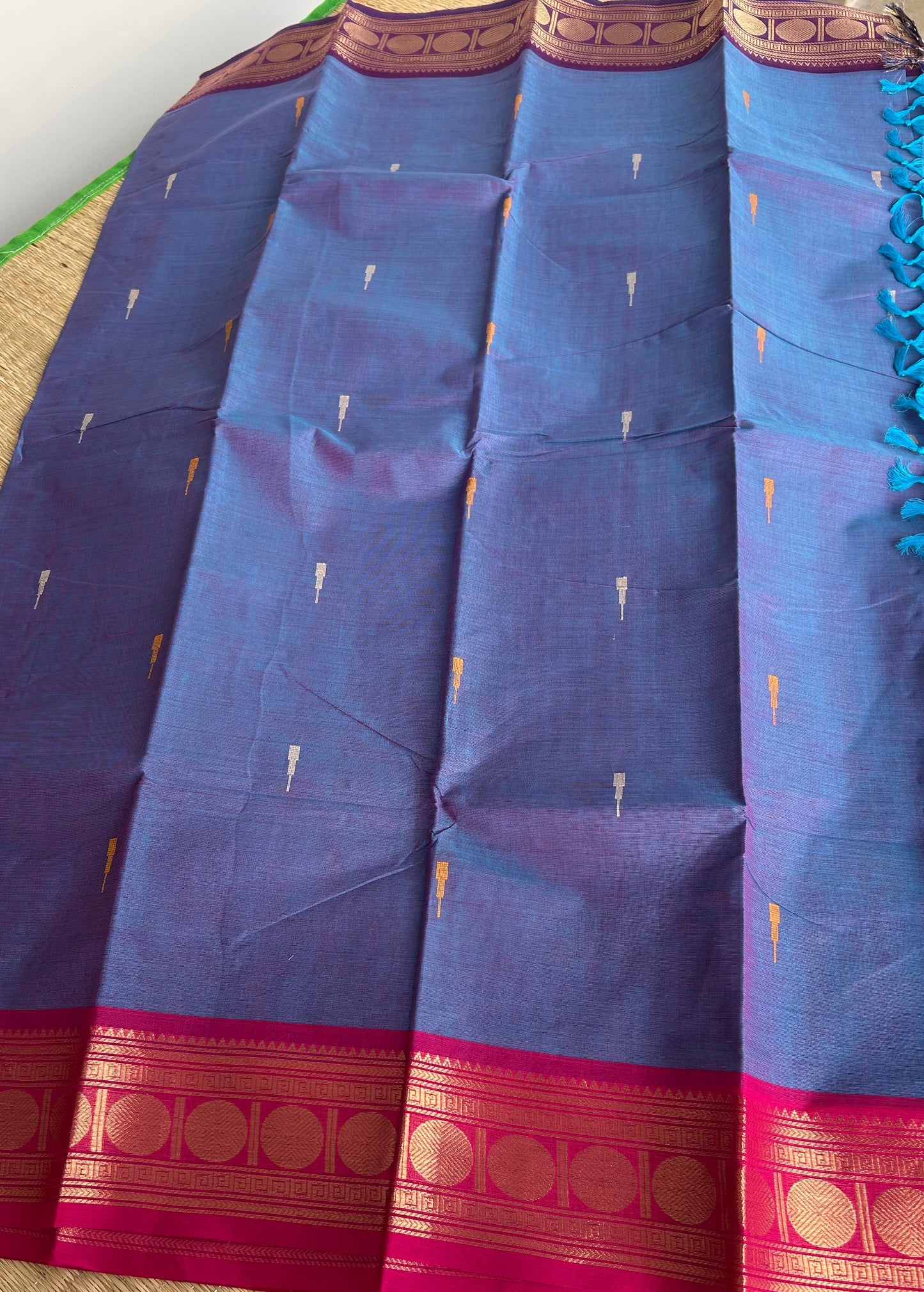 Kanchi Silk Cotton Saree - Blue with Ganga Jamuna Border (Pink & Purple) - Full Look