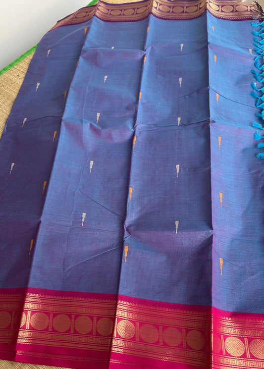 Kanchi Silk Cotton Saree - Blue with Ganga Jamuna Border (Pink & Purple) - Full Look