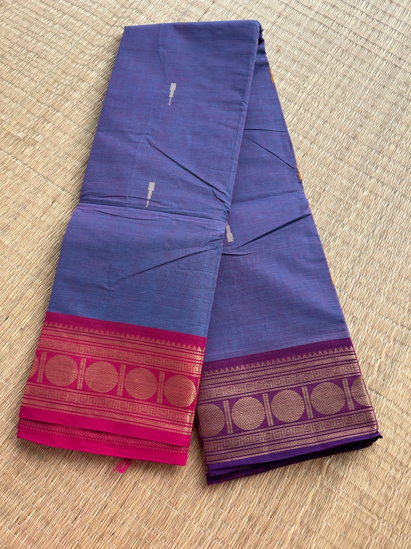 Kanchi Silk Cotton Saree - Blue with Ganga Jamuna Border (Pink & Purple) - Folded View