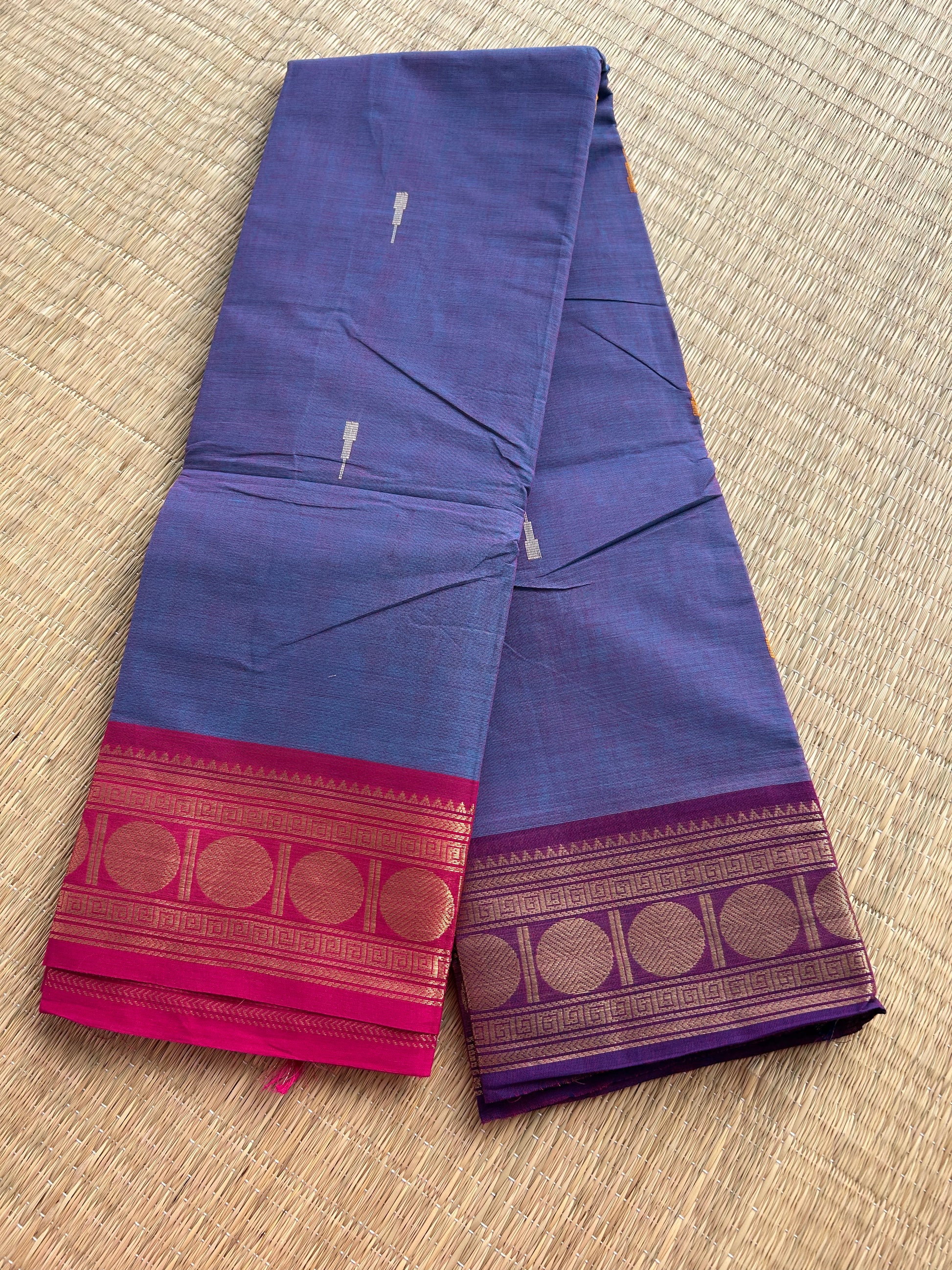 Kanchi Silk Cotton Saree - Blue with Ganga Jamuna Border (Pink & Purple) - Folded View