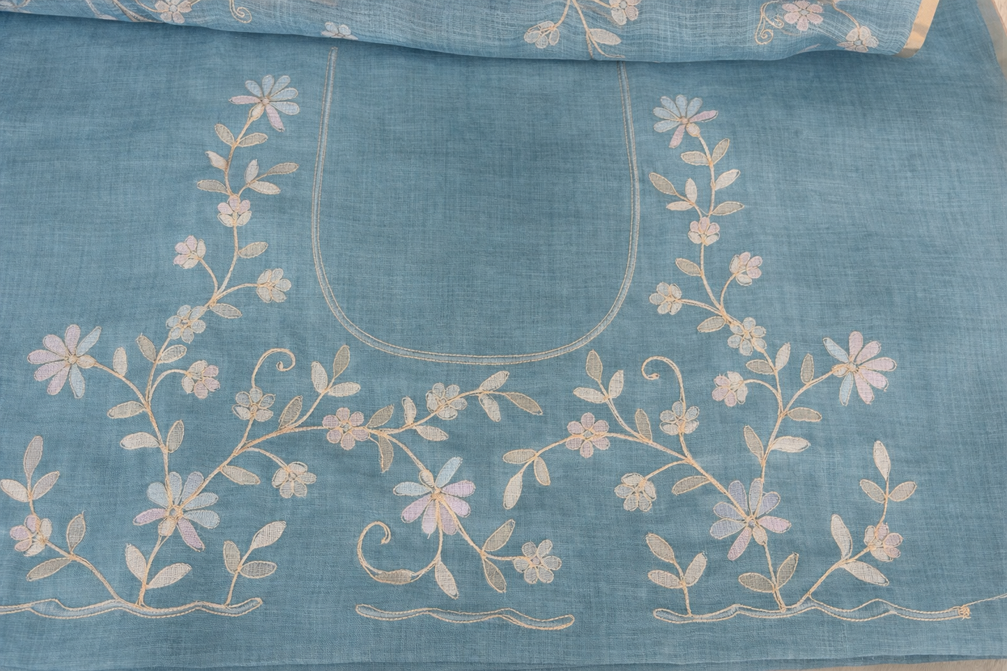 Hand Embroidered Tussar Semi Silk Saree - Blue - Blouse