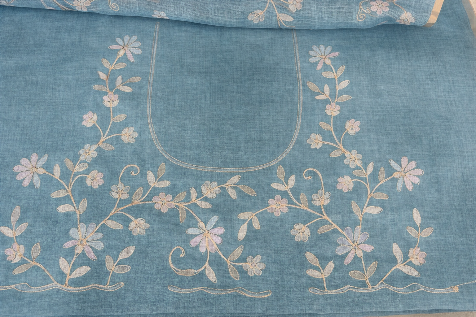 Hand Embroidered Tussar Semi Silk Saree - Blue - Blouse