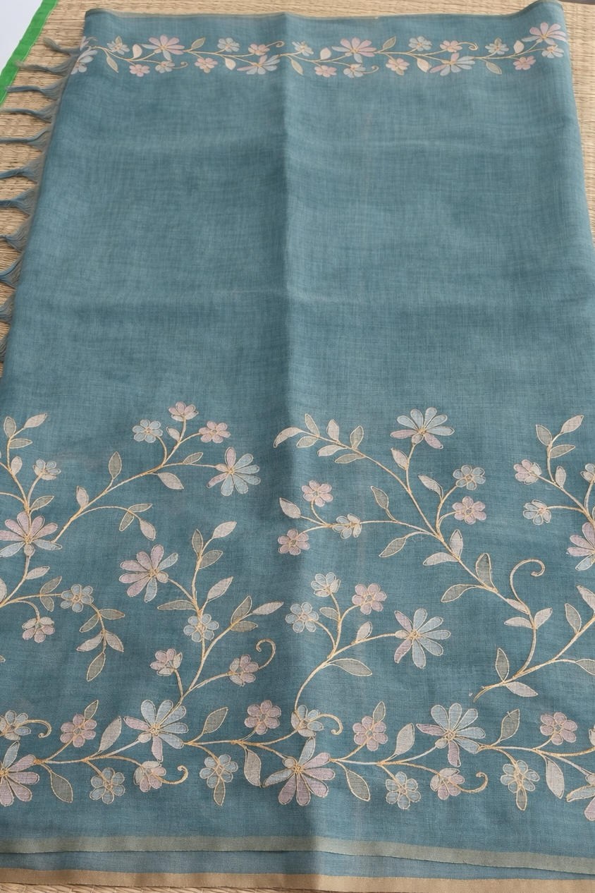 Hand Embroidered Tussar Semi Silk Saree - Blue - Body