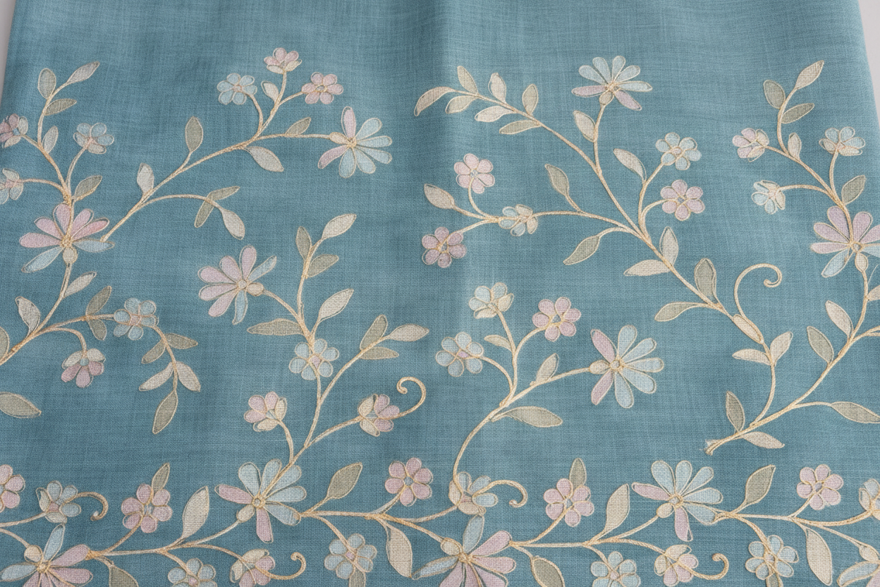 Hand Embroidered Tussar Semi Silk Saree - Blue - Close-up
