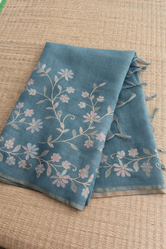 Hand Embroidered Tussar Semi Silk Saree - Blue - Full Look