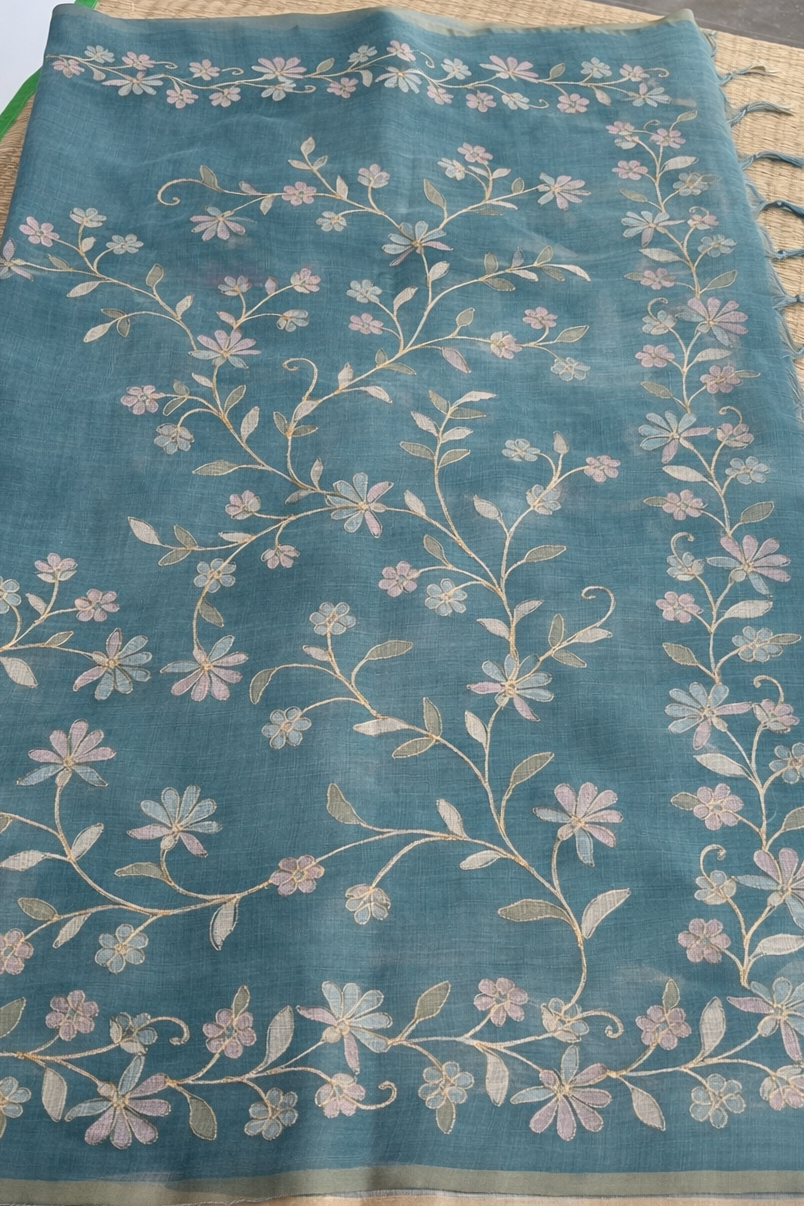 Hand Embroidered Tussar Semi Silk Saree - Blue - Pallu