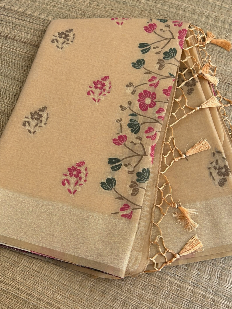 Chanderi Cotton Saree - Beige Summer Flower - Full Look