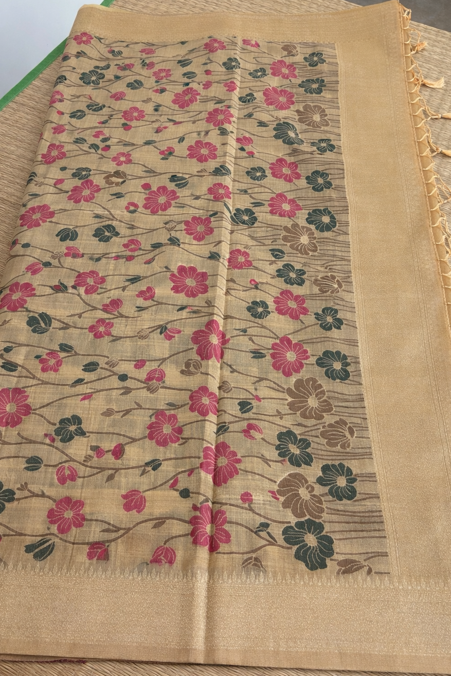 Chanderi Cotton Saree - Beige Summer Flower - Pallu Detail