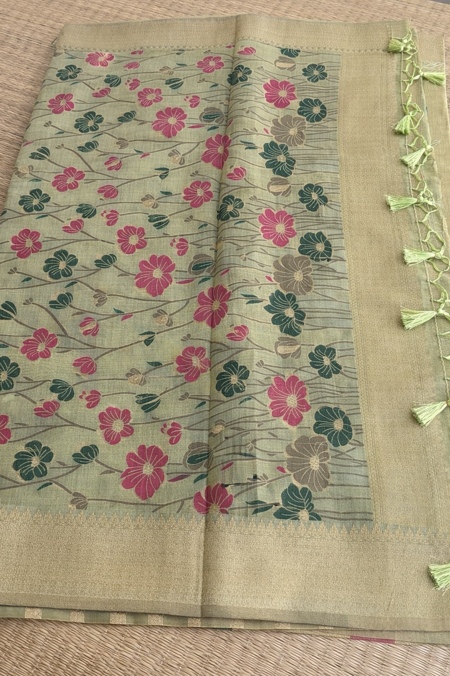 Chanderi Cotton Saree - Green Summer Flower - Pallu Detail