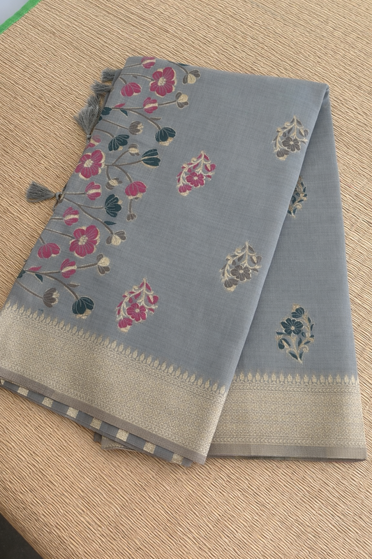 Chanderi Cotton Saree - Grey Summer Flower - Full Look