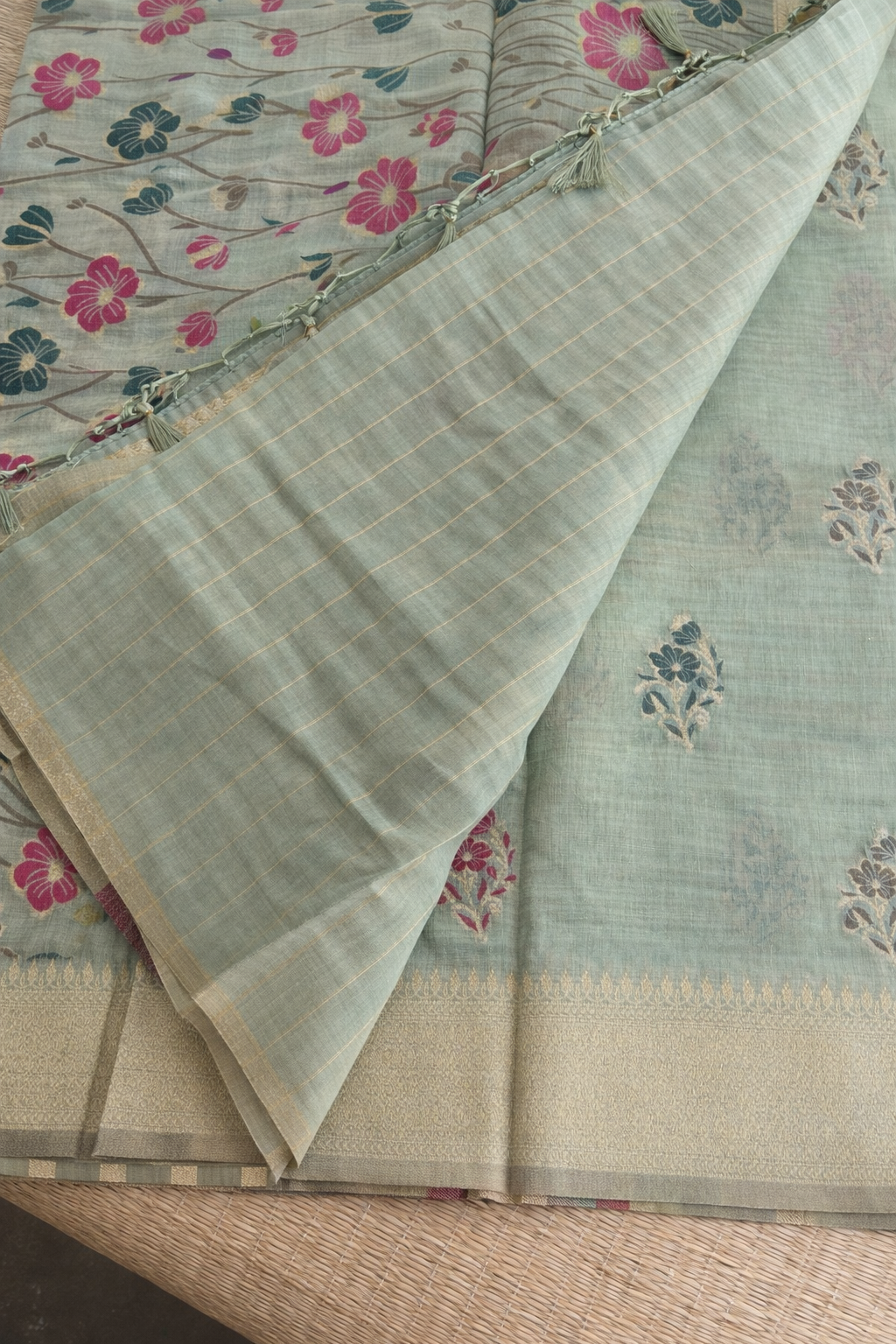 Chanderi Cotton Saree - Sage Green Summer Flower - Blouse Piece