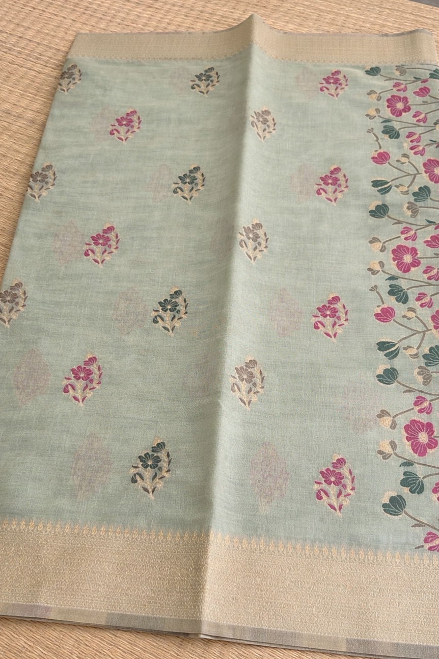 Chanderi Cotton Saree - Sage Green Summer Flower - Body Detail