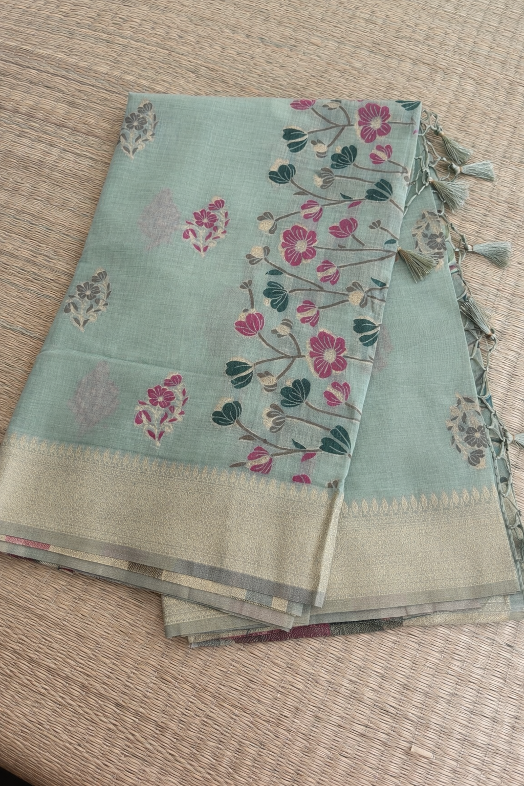 Chanderi Cotton Saree - Sage Green Summer Flower - Full Look