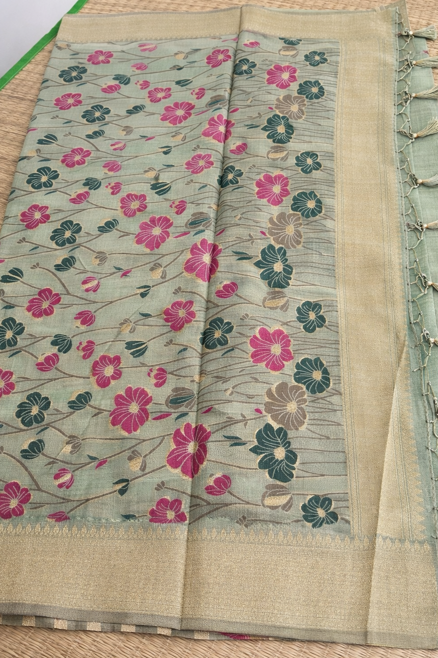 Chanderi Cotton Saree - Sage Green Summer Flower - Pallu Detail