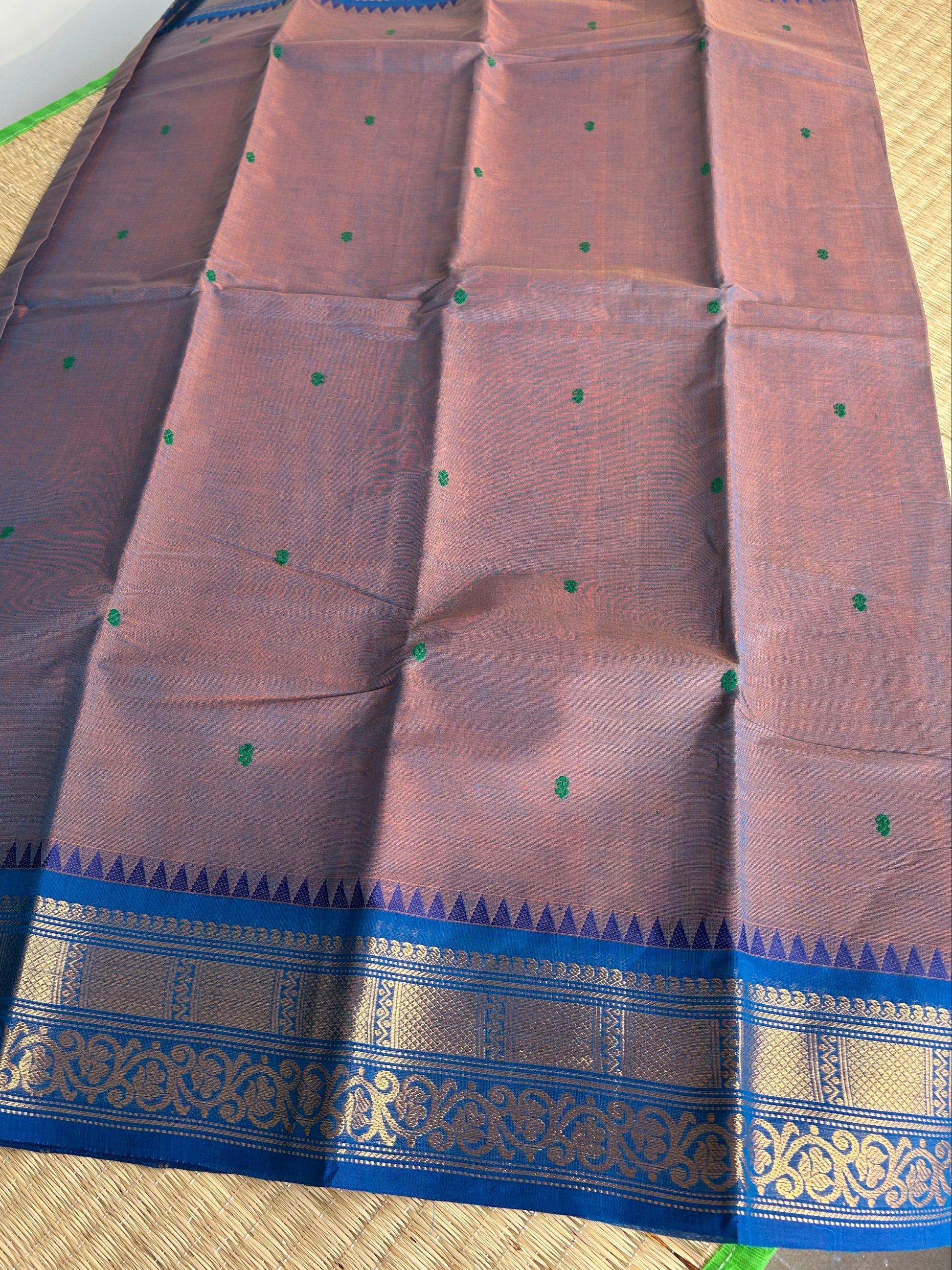 Kanchi Silk Cotton Saree - Copper Brown with Royal Blue Border - Full Look