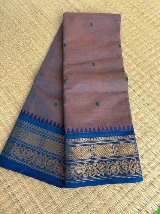Kanchi Silk Cotton Saree - Copper Brown with Royal Blue Border - Folded View