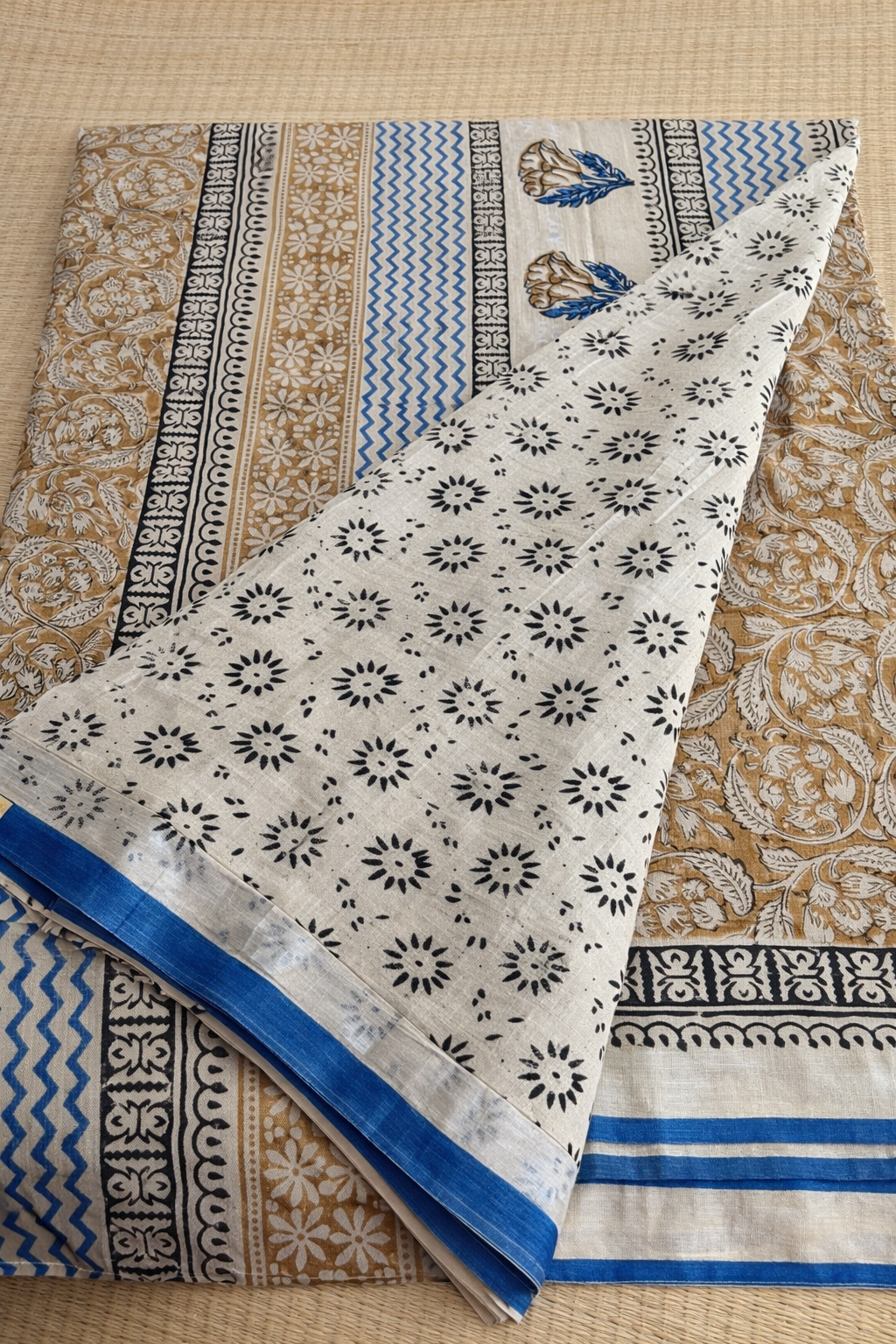 Cotton Linen Block Print Saree - Beige with Blue - Blouse Piece
