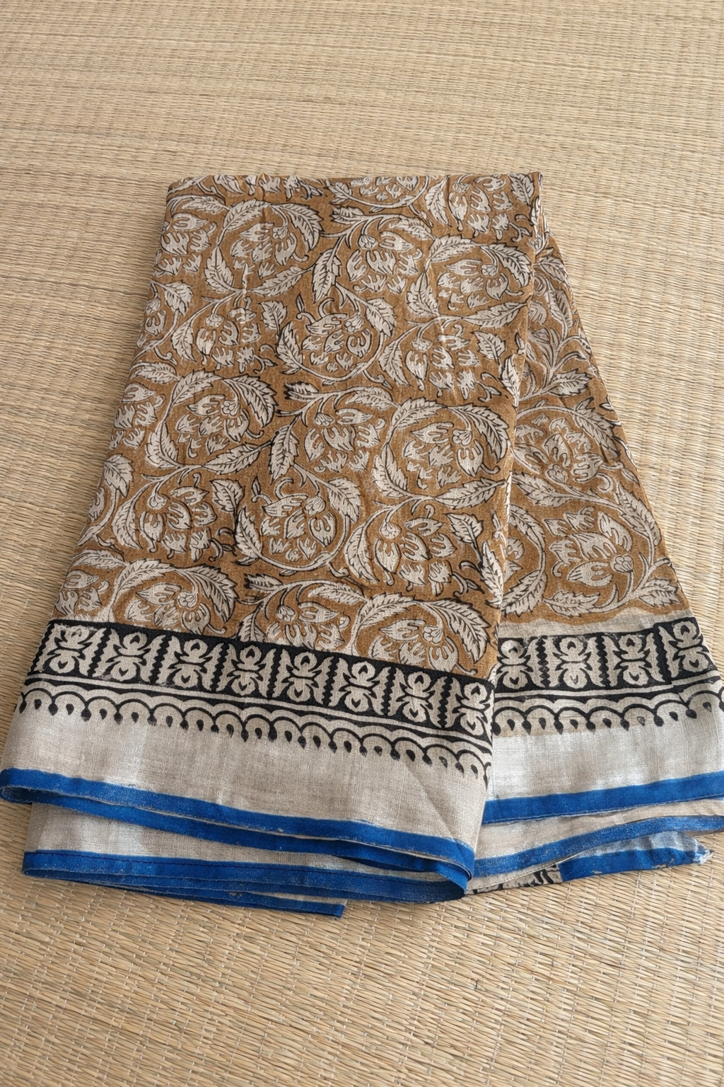 Cotton Linen Block Print Saree - Beige with Blue - Full Look
