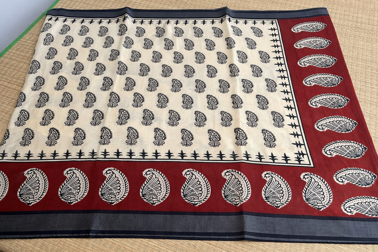 Cotton Linen Block Print Saree - Cream with Red