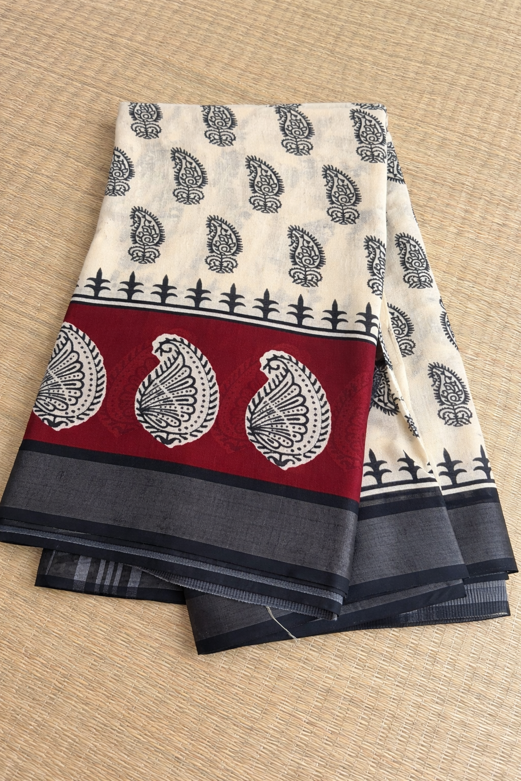 Cotton Linen Block Print Saree - Cream with Red