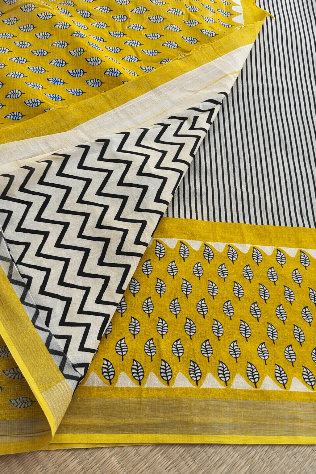 Cotton Linen Block Print Saree - White with Yellow and Black