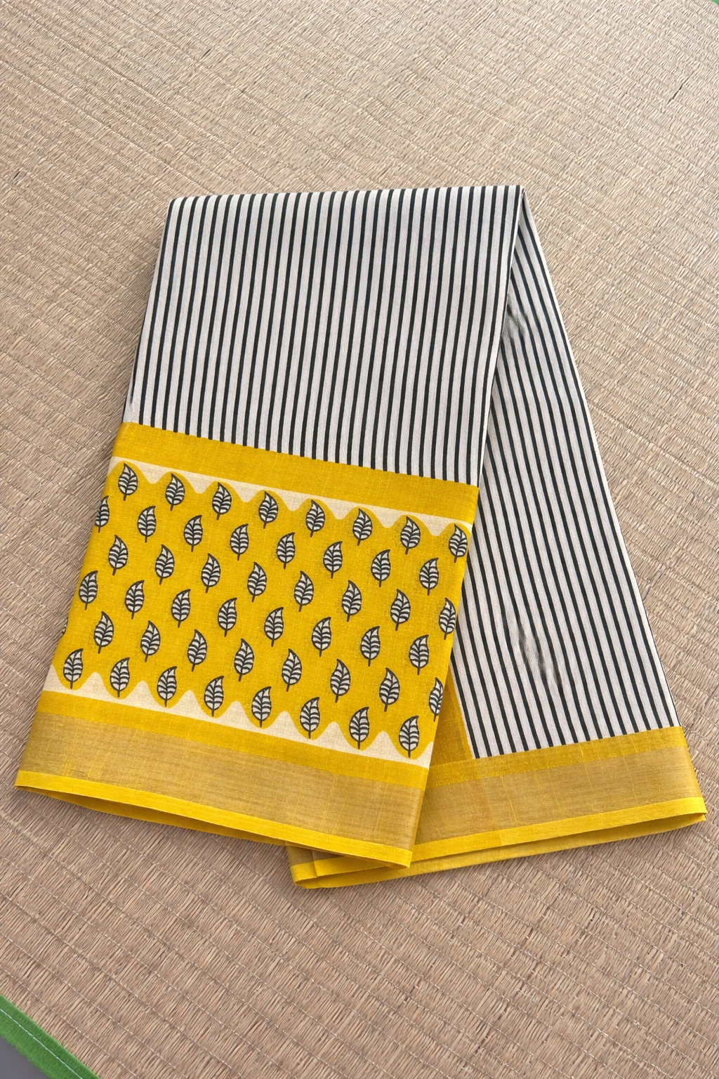 Cotton Linen Block Print Saree - White with Yellow and Black