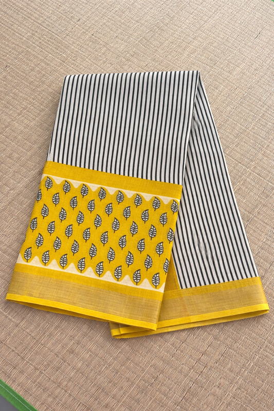 Cotton Linen Block Print Saree - White with Yellow and Black