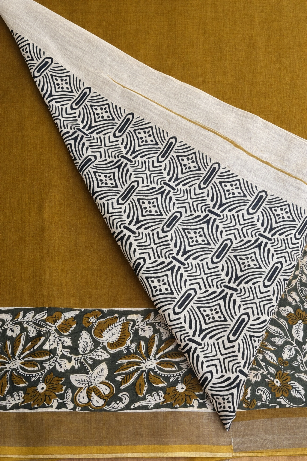Cotton Linen Block Print Saree - Mustard with Cream - Blouse Piece