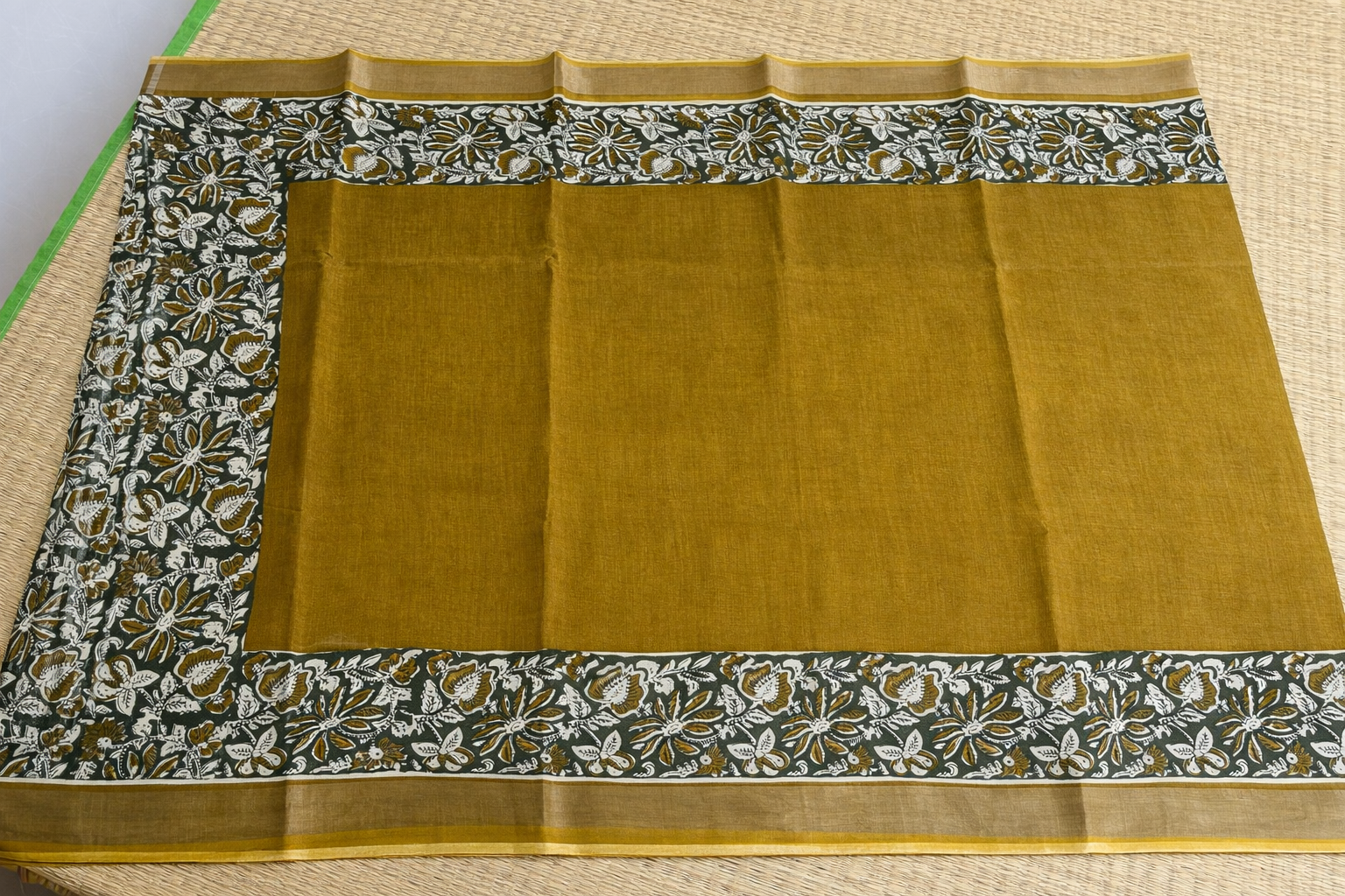 Cotton Linen Block Print Saree - Mustard with Cream - Body Detail