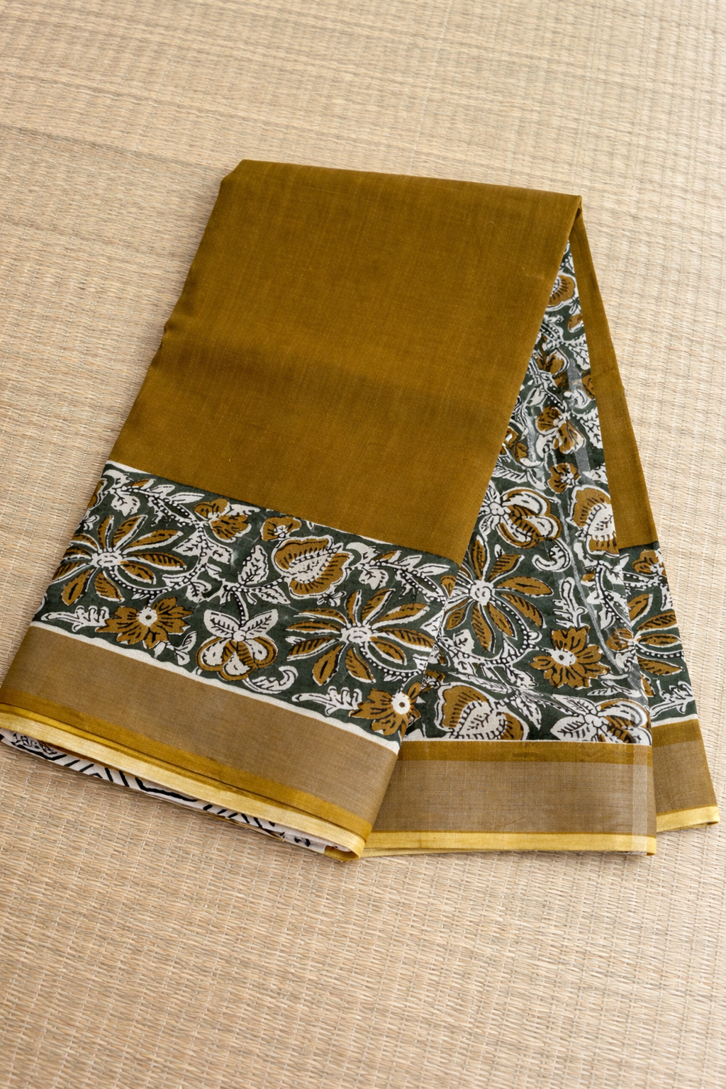 Cotton Linen Block Print Saree - Mustard with Cream - Full Look