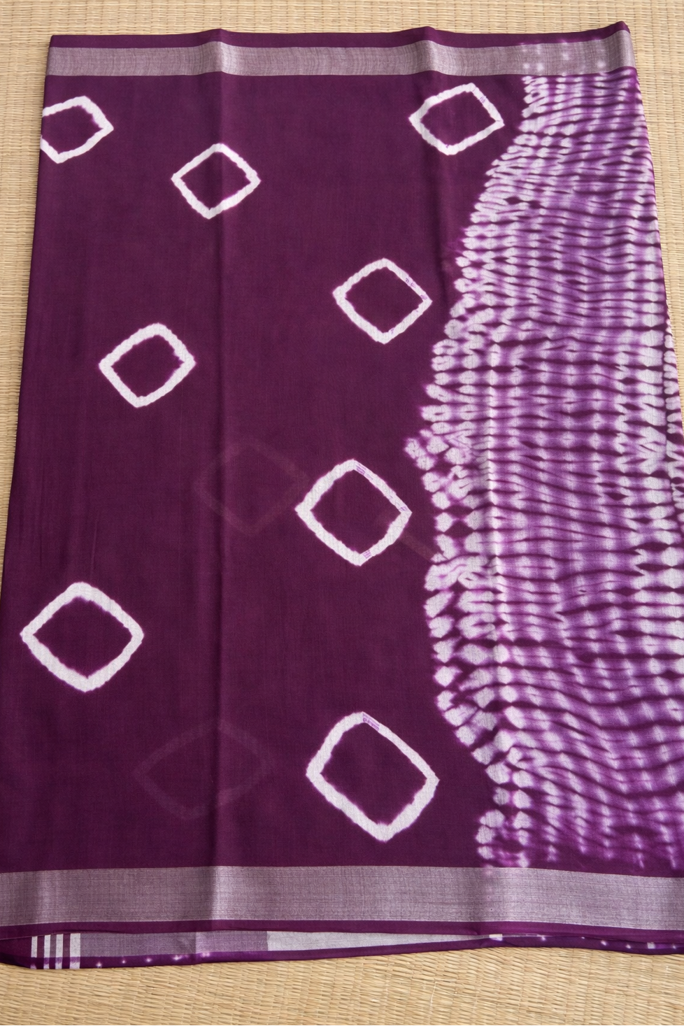 Cotton Linen Block Print Saree - Purple with White - Body Detail
