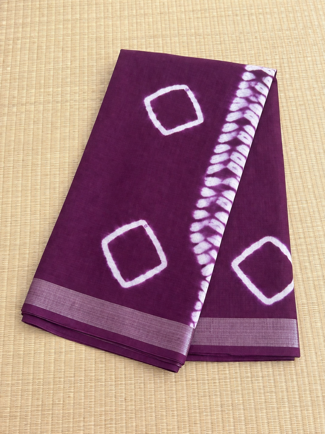 Cotton Linen Block Print Saree - Purple with White - Full Look